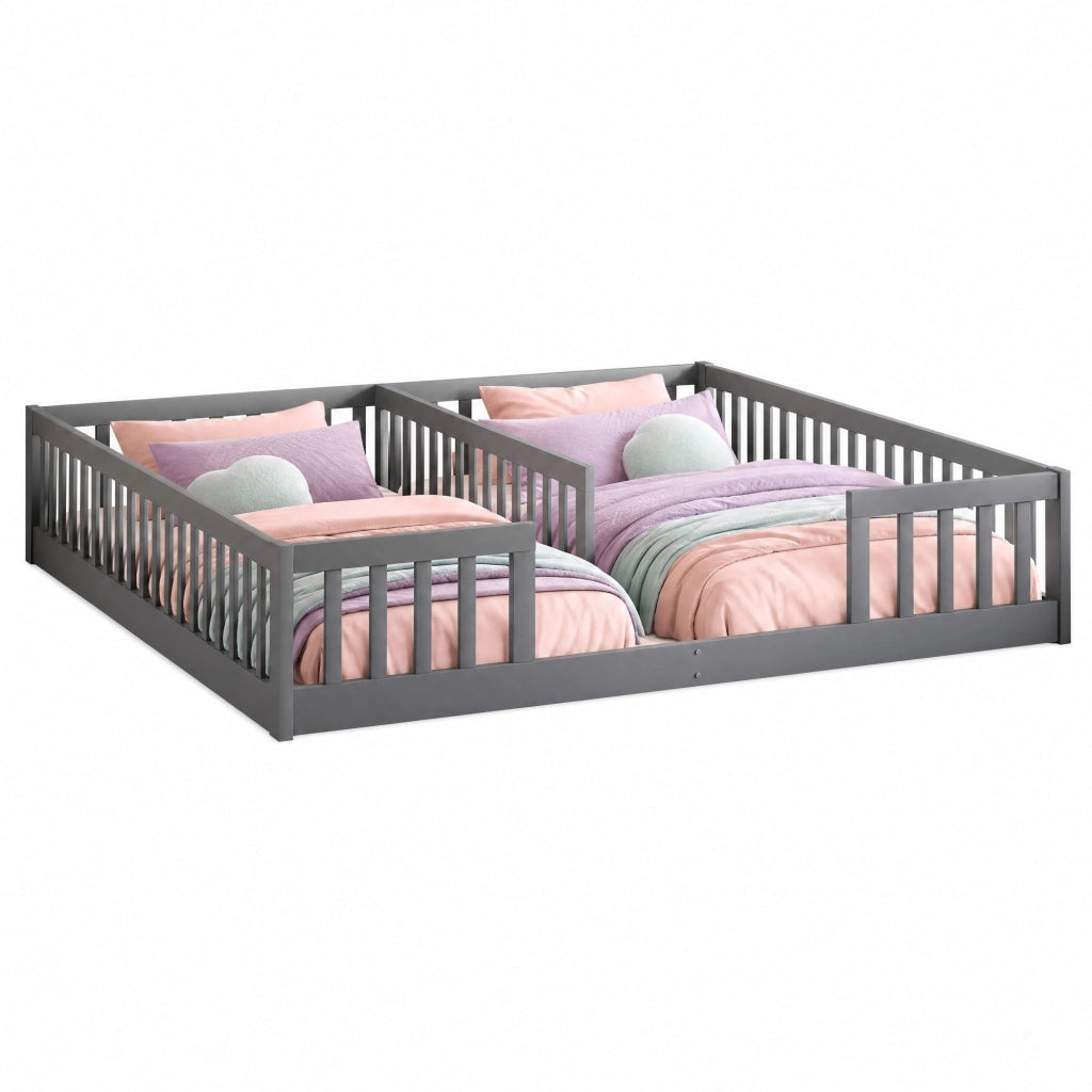 Letto per bambini 90×200 cm; letto basso con sponda; senza materasso; in pino e MDF; per 2 bambini; grigio