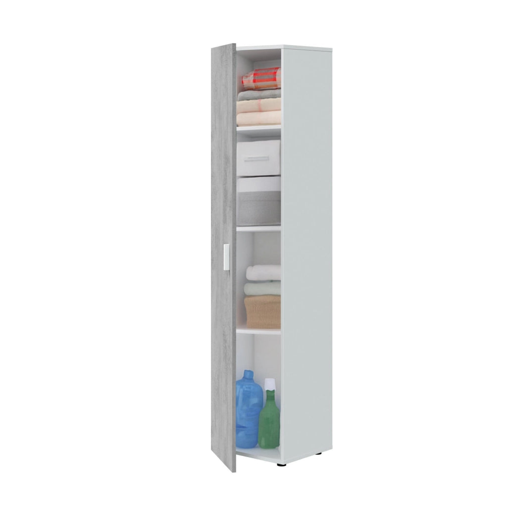 Armadio multiuso Avlis, Mobile ausiliario a 1 anta e 3 ripiani, Guardaroba moderno, Mobile alto a colonna, cm 41x37h182, Cemento e Bianco