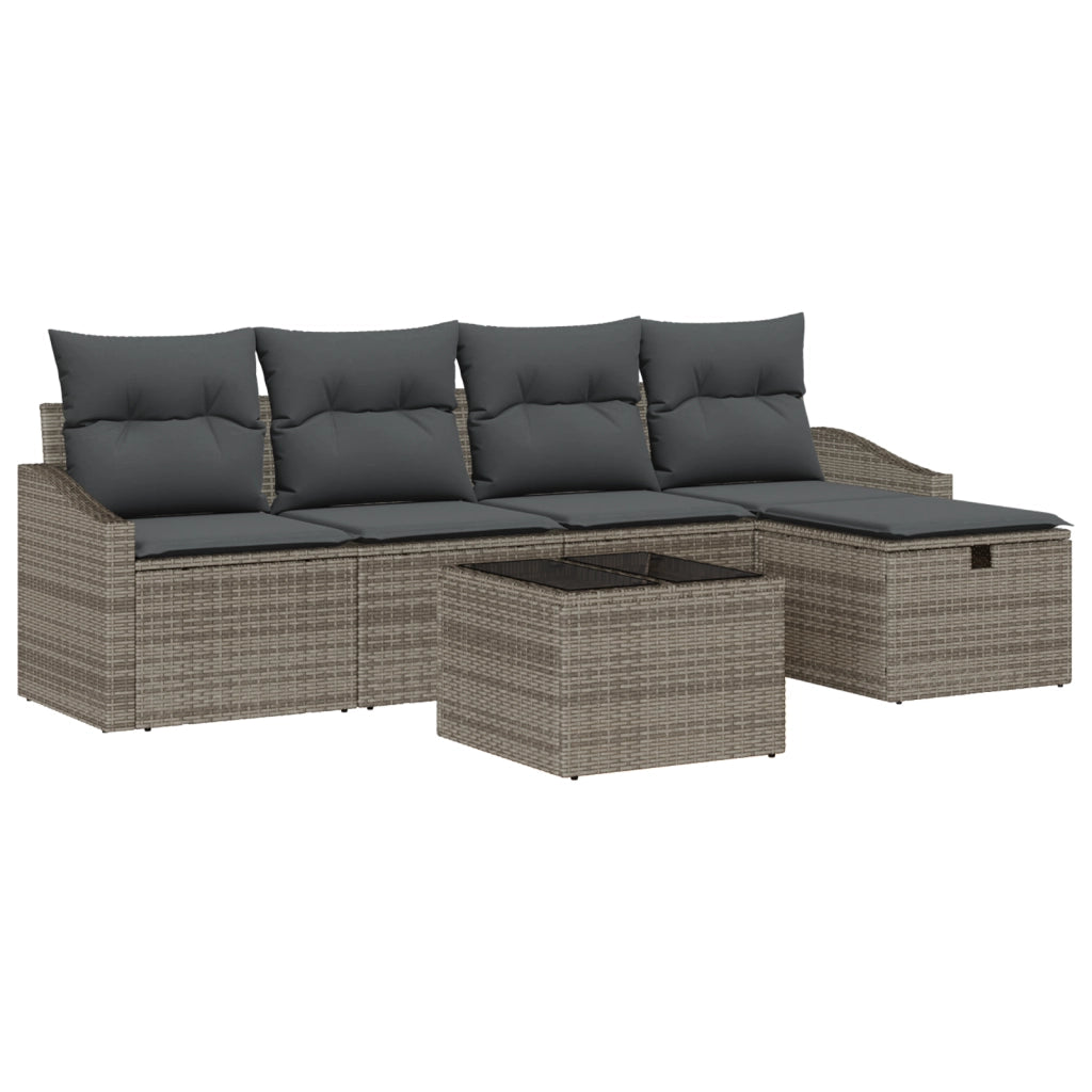 Set Divano da Giardino 6 Pezzi con Cuscini Grigio Poly Rattan