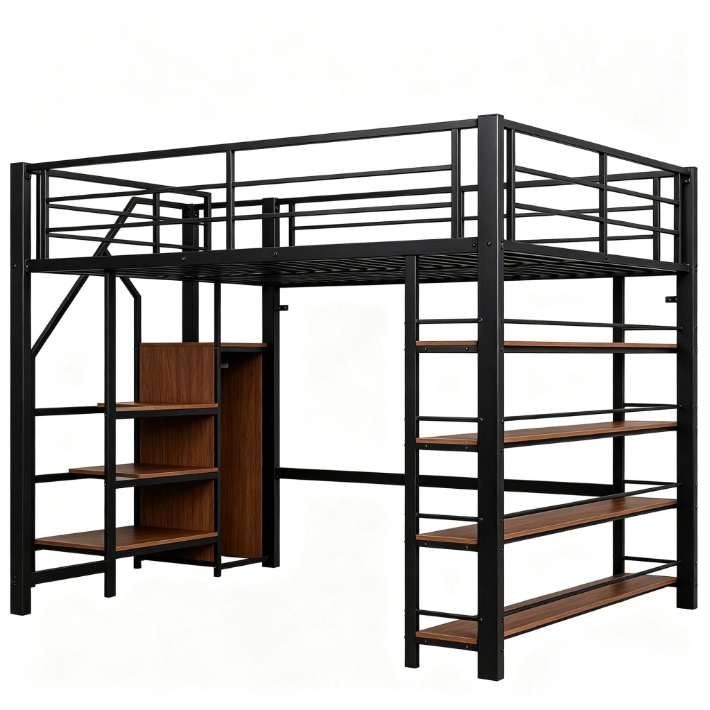 Letto a soppalco 140×200 cm con scala contenitore; armadio e ripiani; barriera alta; senza materasso; metallo; nero