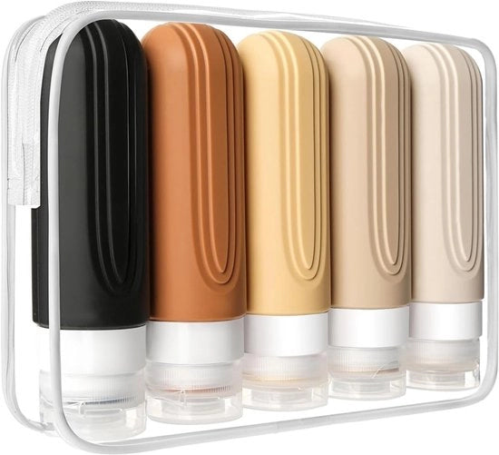 Set di 5 bocchelli in silicone per viaggio - Protezione contro le sostanze chimiche - BPA libero - Adatto per la valigia a mano 

 o 

Set di 5 bocchelli in silicone per viaggio - Protezione chimica - Senza BPA - Idoneo per la valigia a mano