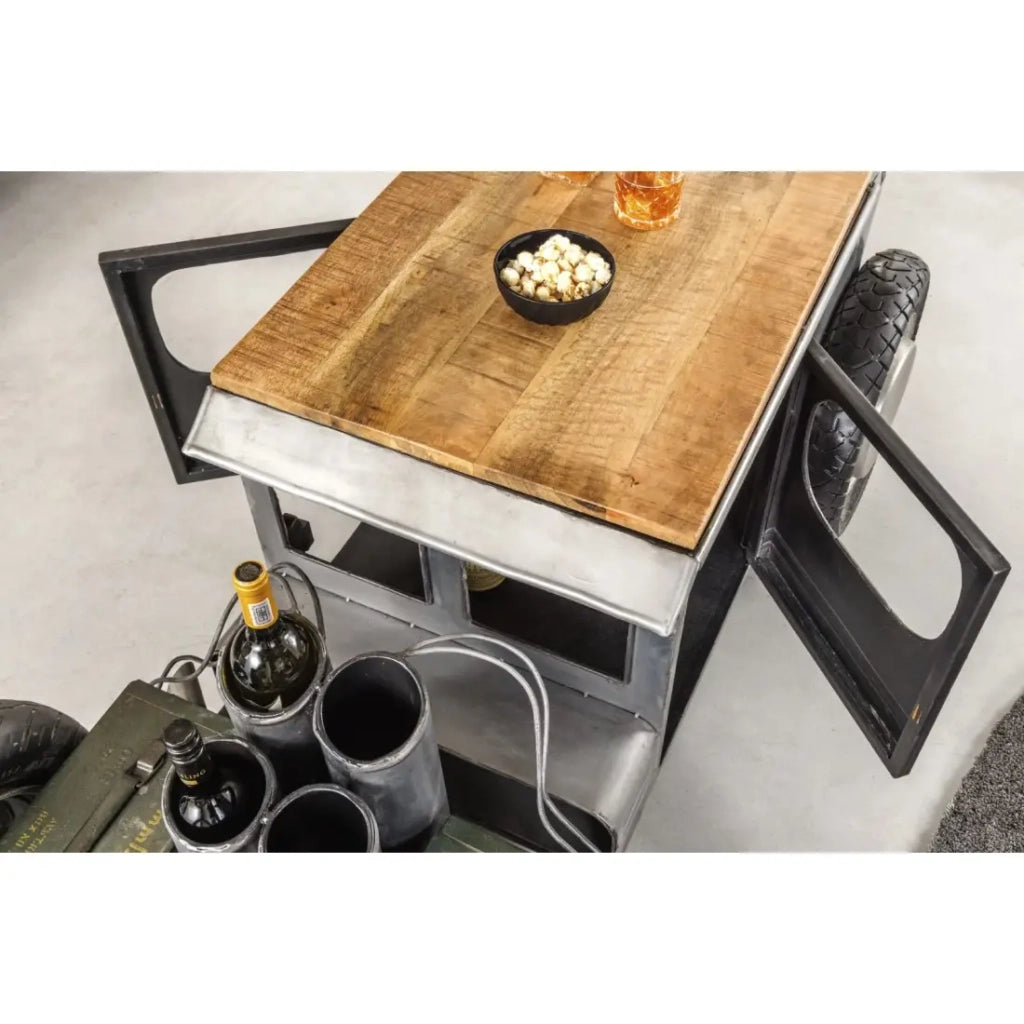 Tavolino CARROAD 165 cm in acciaio e legno di mango stile auto d'epoca