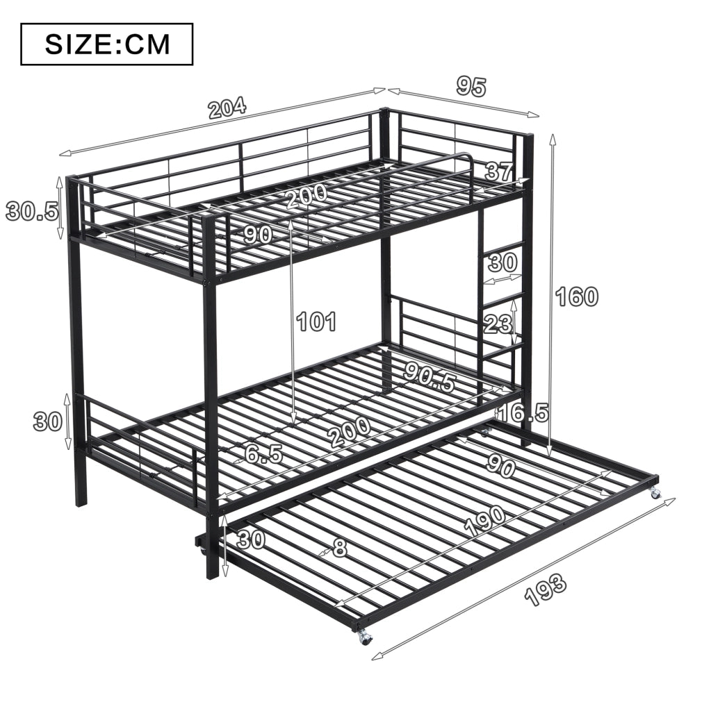 Letto a castello 204x95x160 cm con letto estraibile; metallo nero