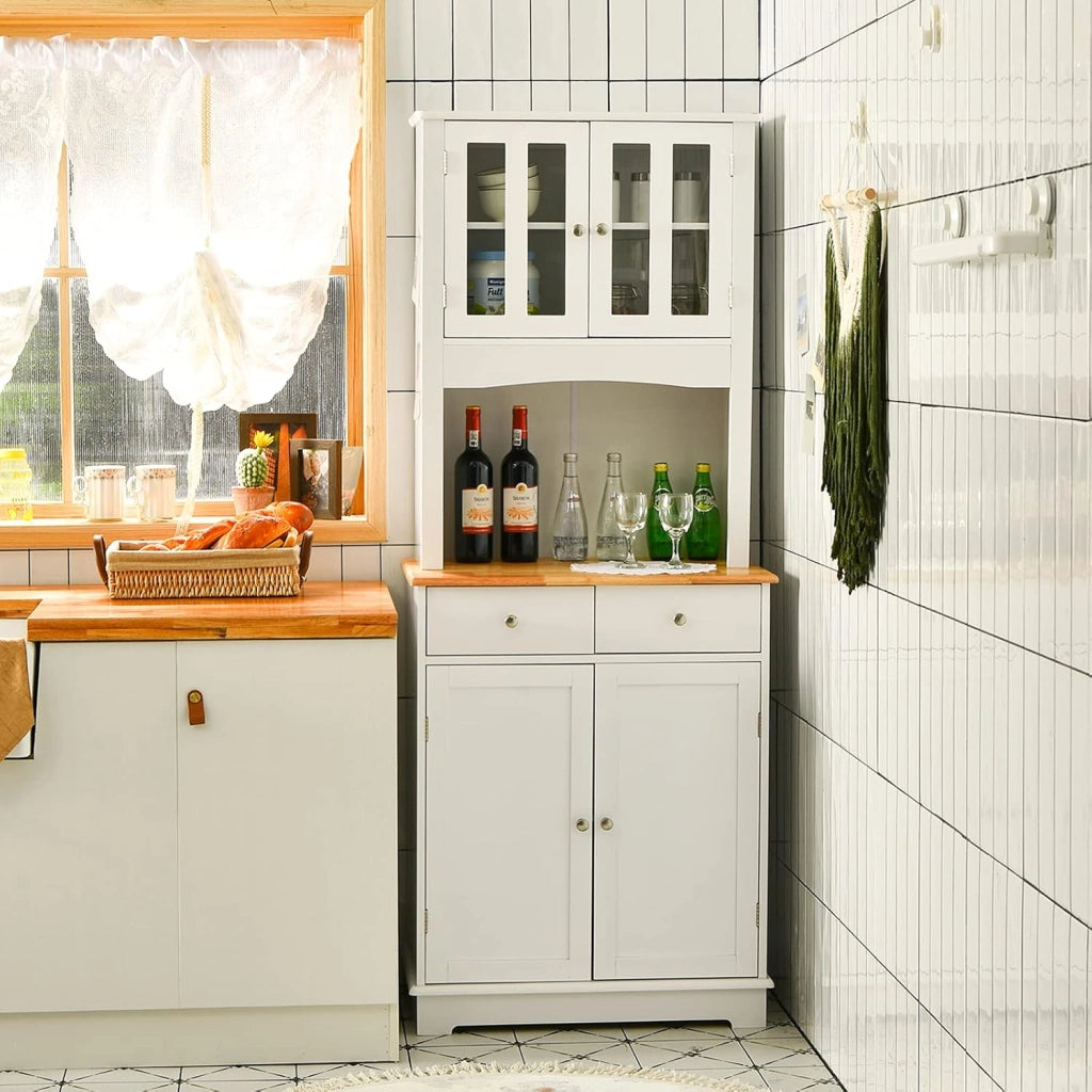 Mobile dispensa da cucina autoportante, Buffet con Piano in Legno, Credenza e 2 Cassetti, Ripiani Regolabili, Armadietto con Ante in Vetro, Spazio Aperto per Forno a Microonde, Bianco