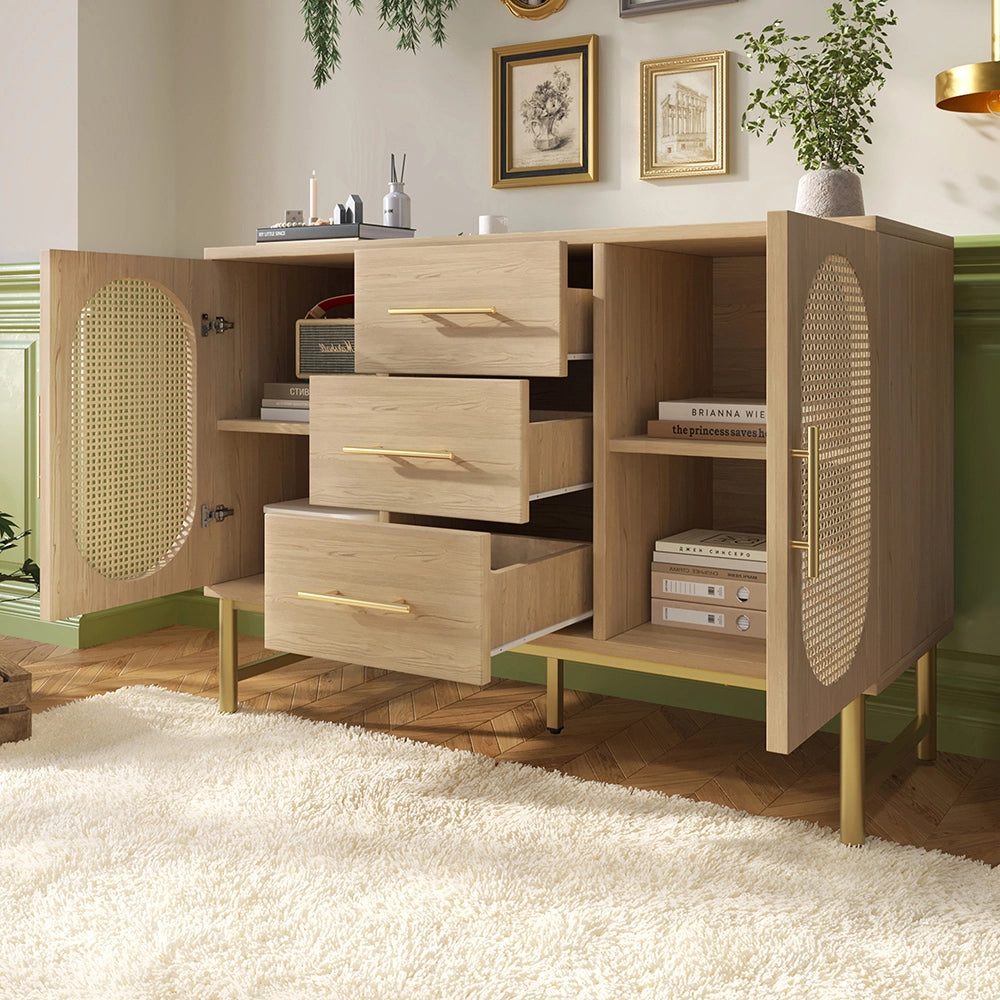 Buffet con maniglie dorate - Xylo - 3 cassetti e 2 porte in rattan