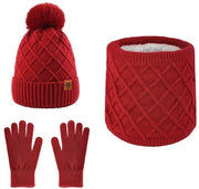 Cappello invernale intrecciato con guanti touchscreen e collare per donne, con palline morbide, guanti invernali intrecciati e collare tre-in-uno, Rosso