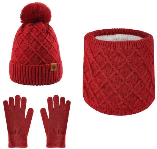 Cappello invernale intrecciato con guanti touchscreen e collare per donne, con palline morbide, guanti invernali intrecciati e collare tre-in-uno, Rosso