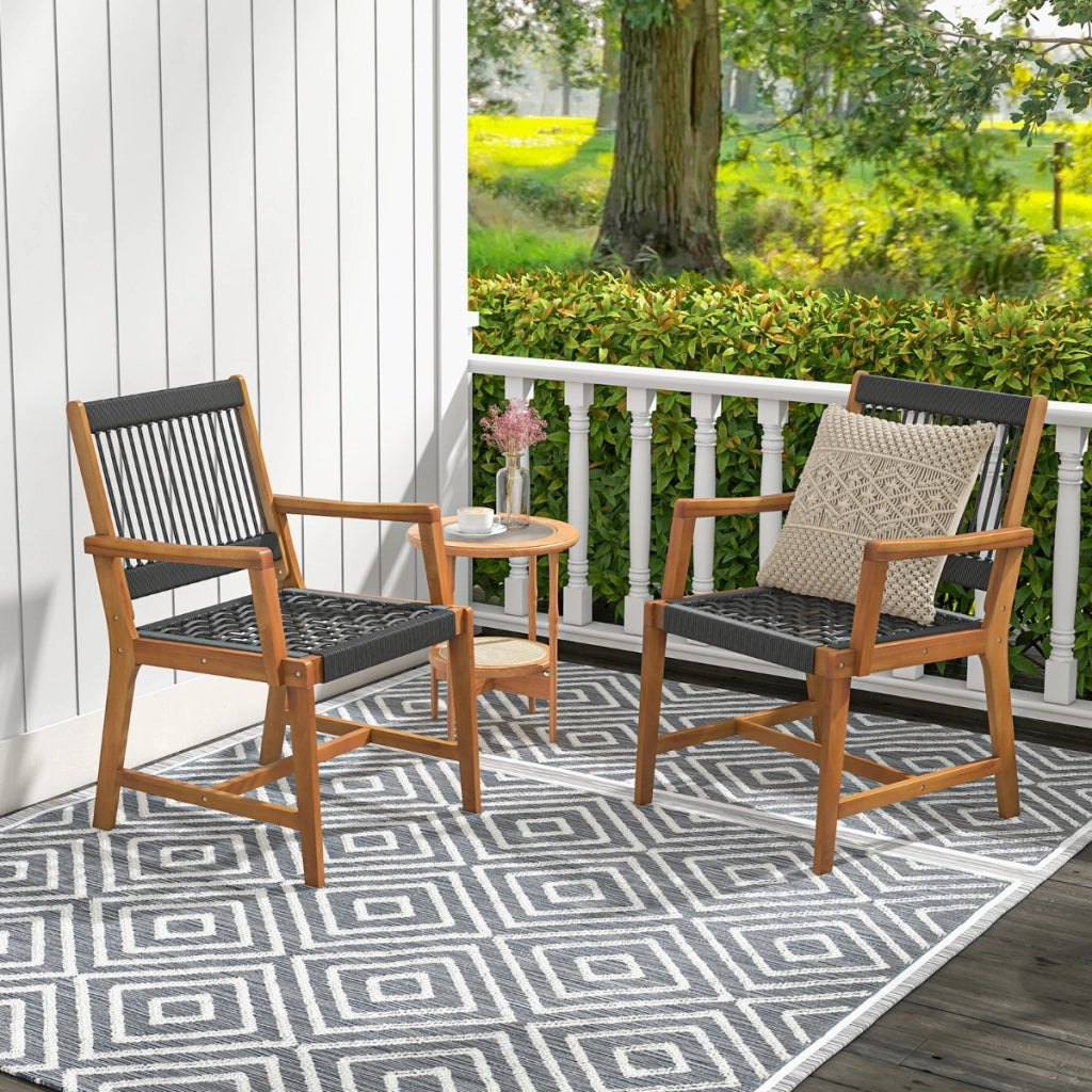 Set di 2 sedie da pranzo in legno di acacia per esterni, Sedie da patio intrecciate in corda con braccioli-Sedie da esterno