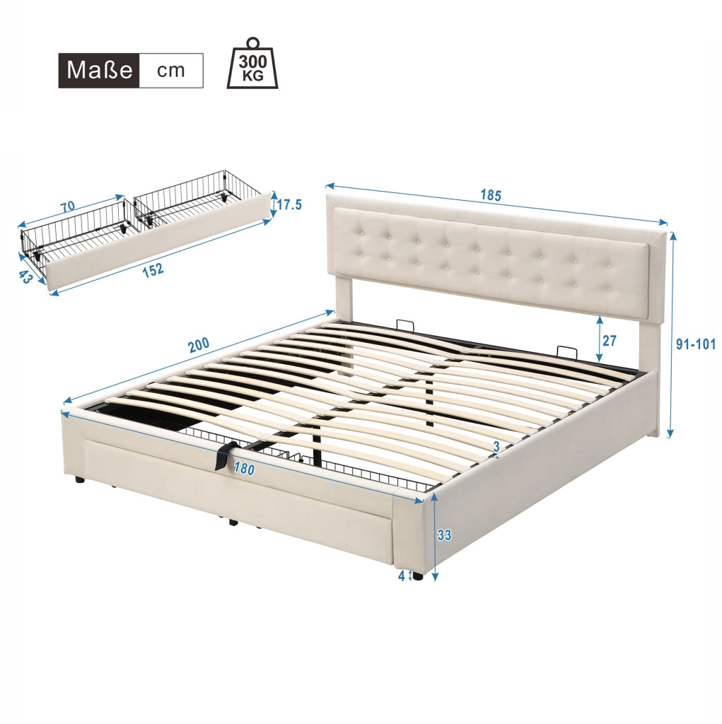 Letto imbottito beige in velluto 180 x 200 cm con contenitore