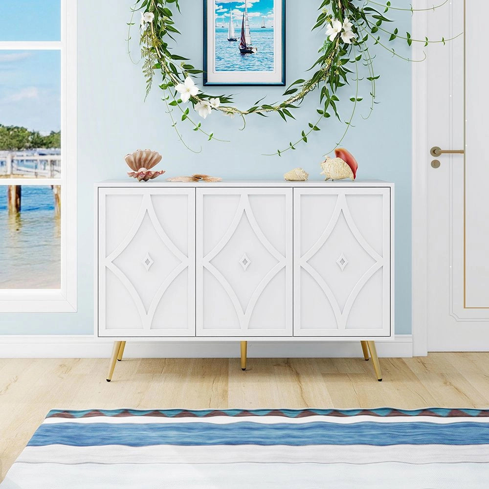 Buffet a 3 ante - Xylo - 120¡Á40¡Á80 cm - Bianco - Motivo 3D piedi dorati