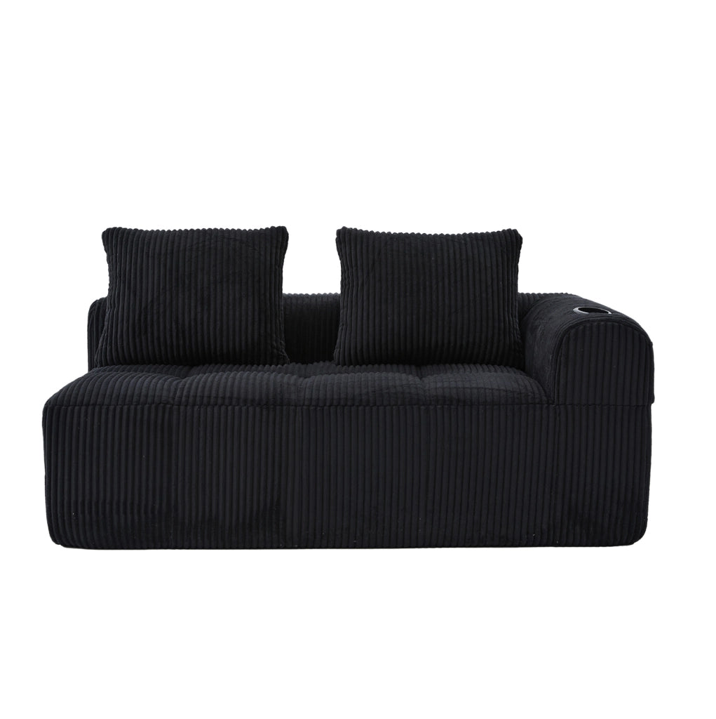 Divano a 2 posti in tessuto corduroy nero con tasche laterali e portabicchieri; 158 x 93 x 61 cm