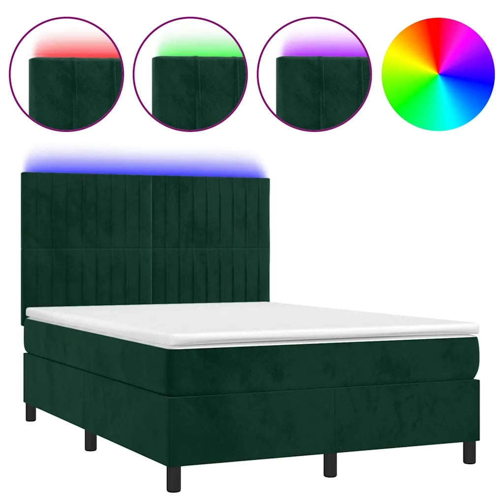 Letto a Molle con Materasso e LED Verde Scuro 140x200cm Velluto