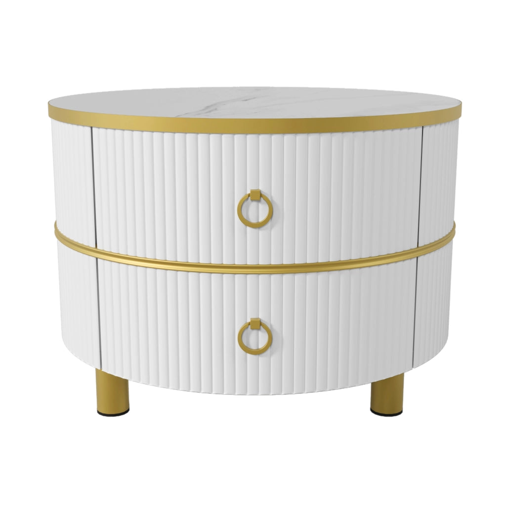 OKWISH Tavolini da Salotto Impilabili Rotondi con 2 Cassetti, Piano Lucido Effetto Marmo, per Soggiorno, MDF, Bianco