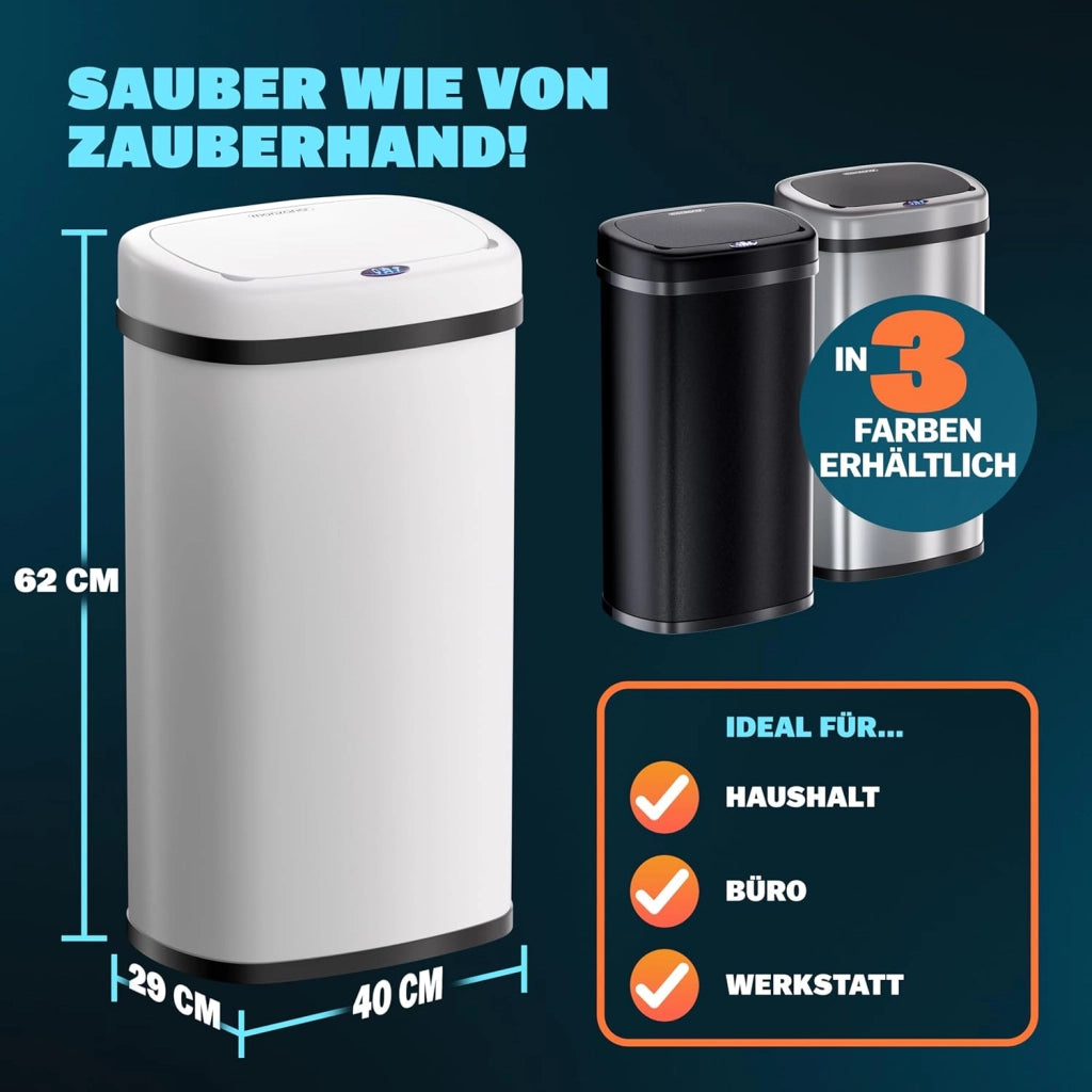 ® Cestino per Rifiuti con Sensore 50L in Acciaio Inox Pattumiera con Fissaggio Coperchio incl. Cavo USB Secchio Display LED