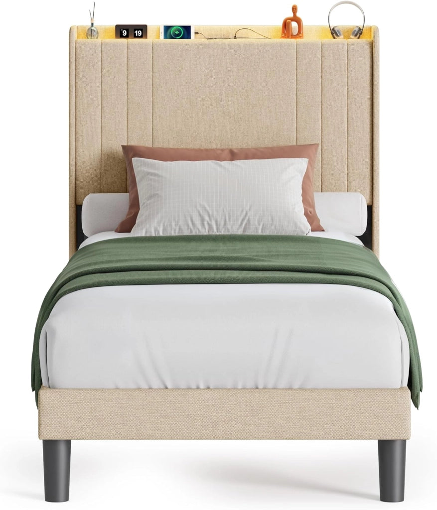 Letto singolo imbottito,PiattaformaStruttura letto,90 x 200CM,con luce LED(2 Prese CA 2 Porte USB),con Testiera,Per le camere degli ospiti e le camere da letto,Beige