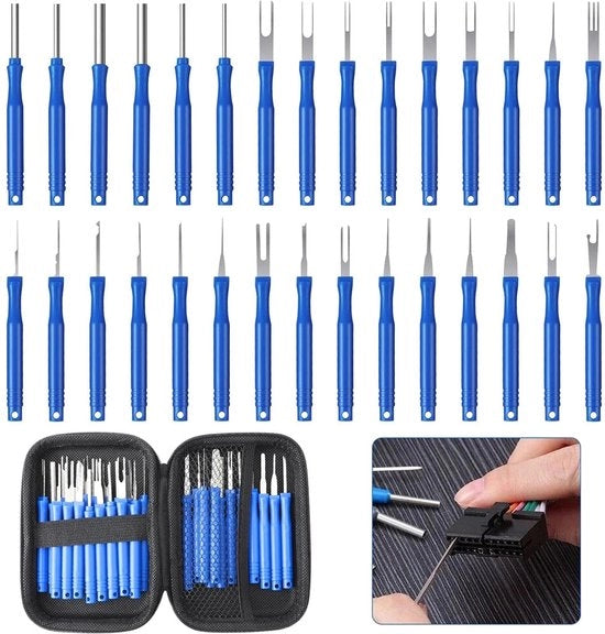 Kit di estrazione pin terminale 30 pezzi con scatola, set di strumenti per rimozione terminale, attrezzatura di sgancio per connettori auto per la maggior parte dei terminali di connettore

Modello: 
30 pezzi
Incluso: scatola di conservazione