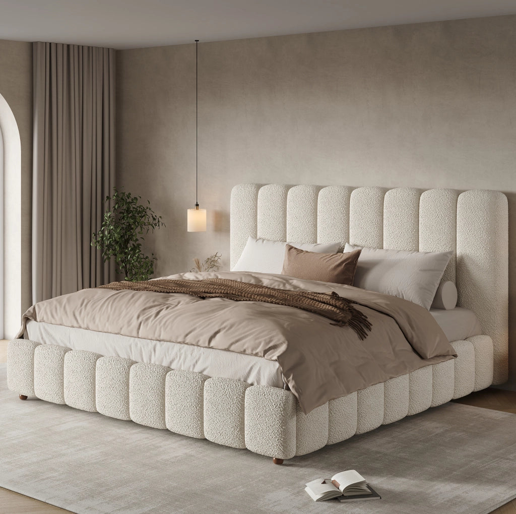 Letto matrimoniale contenitore 180x200 cm in bouclé bianco