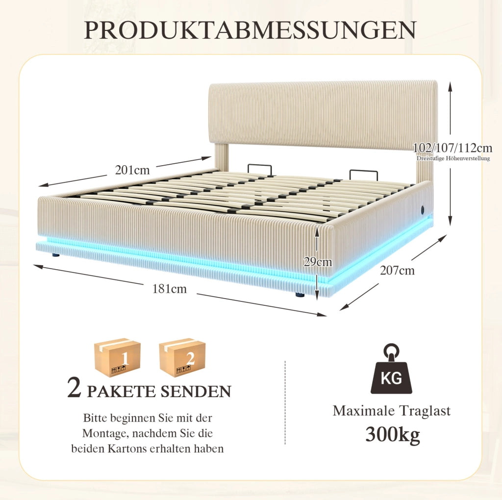 Letto matrimoniale imbottito 180x200 cm in tessuto corduroy beige; testiera regolabile con LED e USB-C