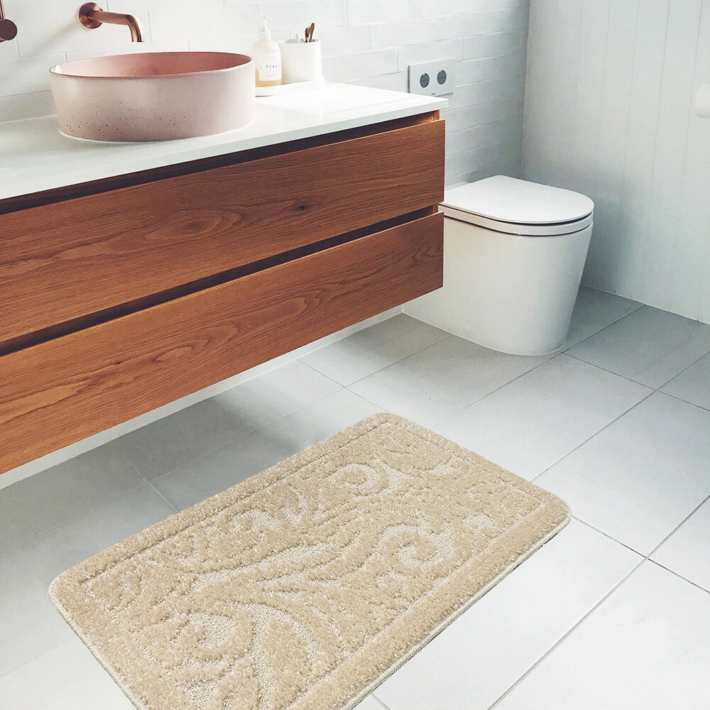 Tappeto Bagno Damascato Scendiletto Camera 50x110 Cm Morbido Assorbente Antiscivolo Panna