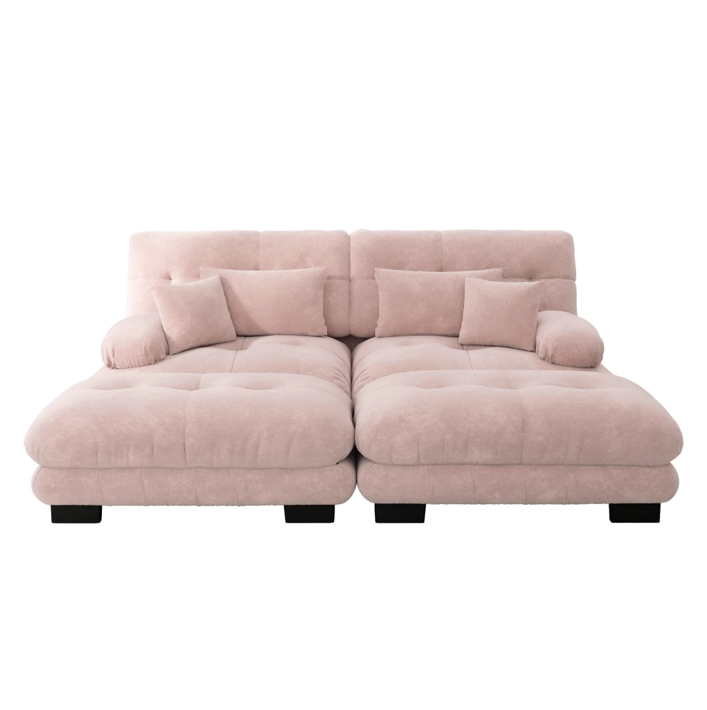 Divano angolare Cloud in chenille rosa con 2 cuscini lombari, 2 cuscini decorativi e 2 pouf mobili