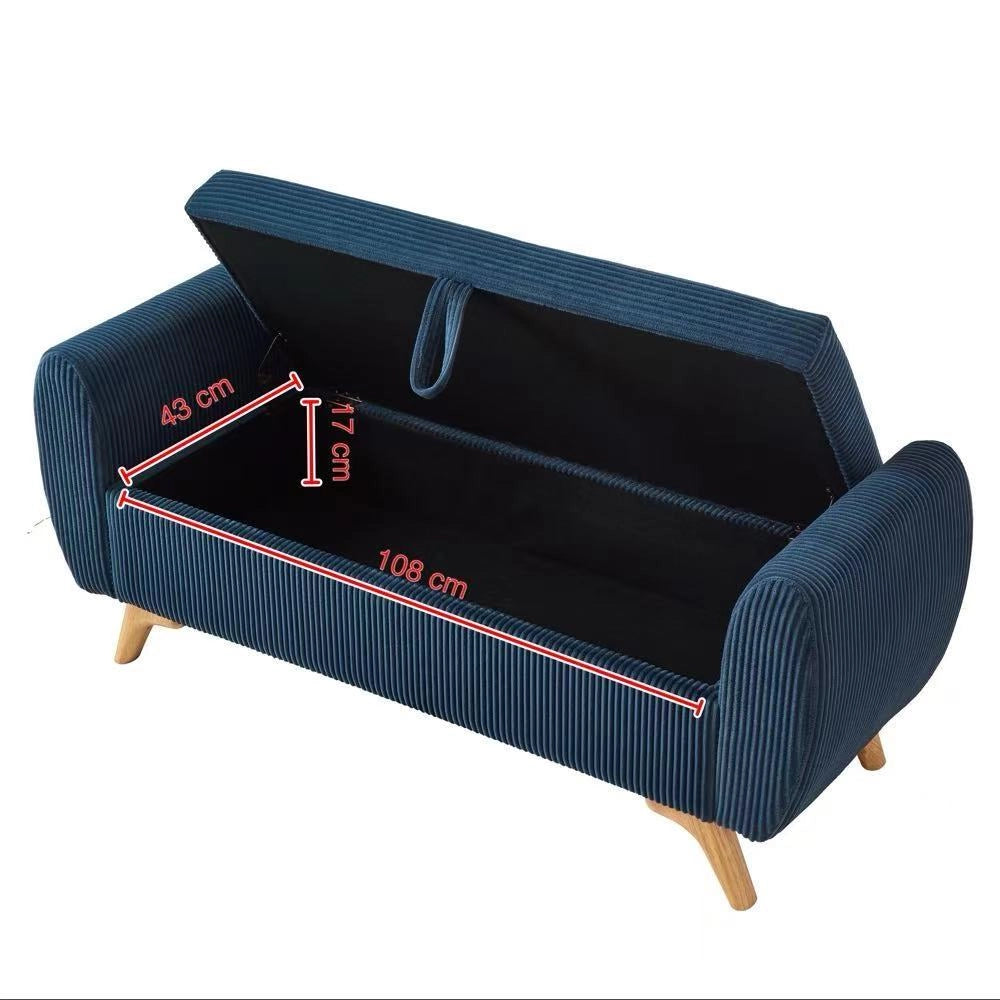 Banc a contenitore pieghevole con vano portaoggetti e gambe in legno, in velluto a coste blu per camera e soggiorno