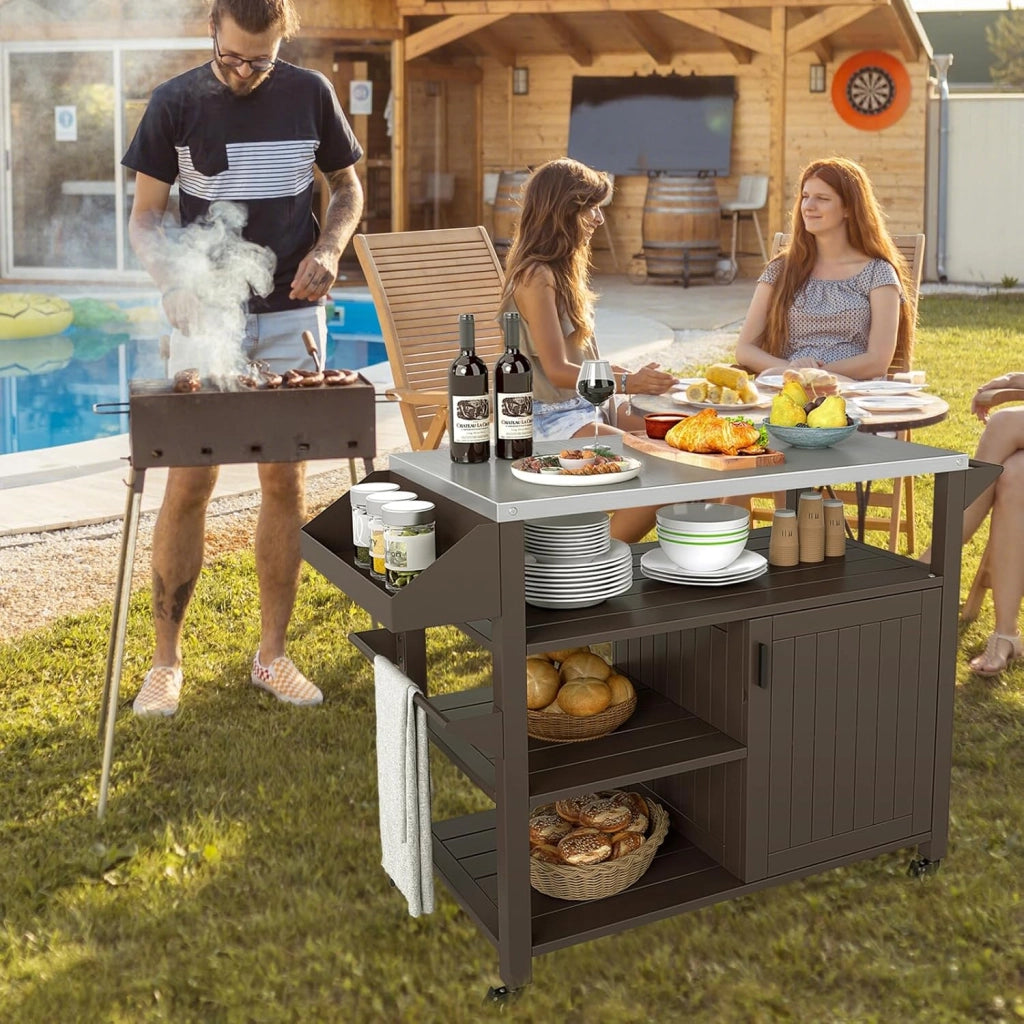 Carrello Barbecue a 3 Ripiani, Carrello per Grigliare in Metallo, Carrello da Pranzo per BBQ, Campeggio, Festa, con Piano in Acciaio Inox, Scaffali, Porta Spezie e Porta Asciugamani, Marrone