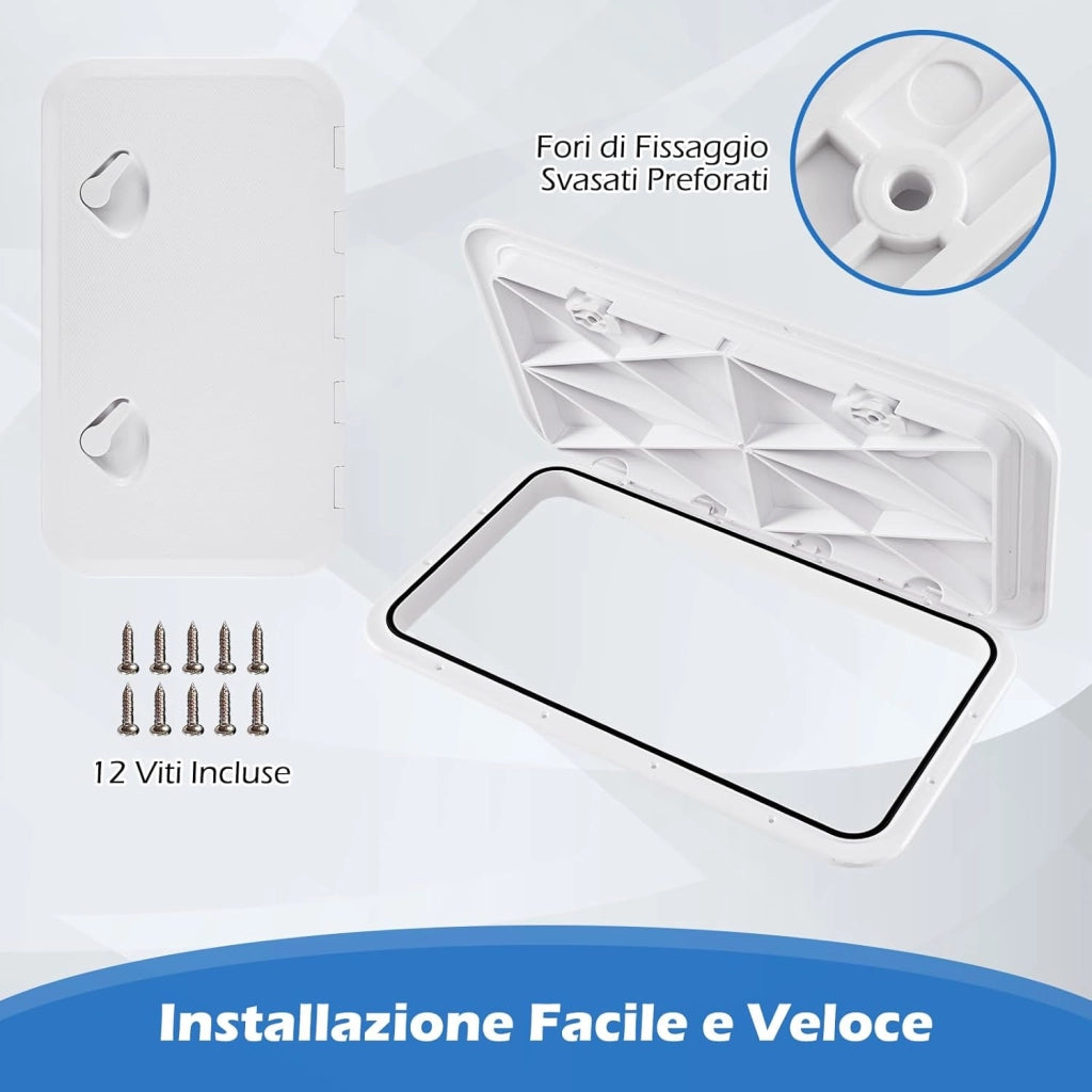 Portello d’Ispezione in ABS 60,5 x 35,5 cm, Portello di Accesso del Ponte Rettangolare Antiscivolo Apertura a 180°, Copertura del Ponte Marino della Barca, Bianco