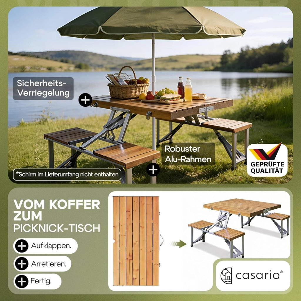 Casaria Tavolo Pieghevole con 2 Panche Set da Campeggio Picnic Portatile a Valigetta in Alluminio con Foro Ombrellone Maniglia per Trasporto 4 Posti Mare Spiaggia