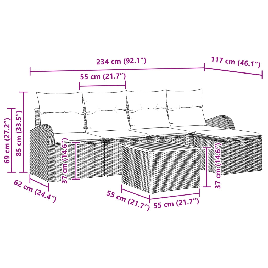 Set di divani da giardino in 6 pezzi con cuscini neri in rattan poly