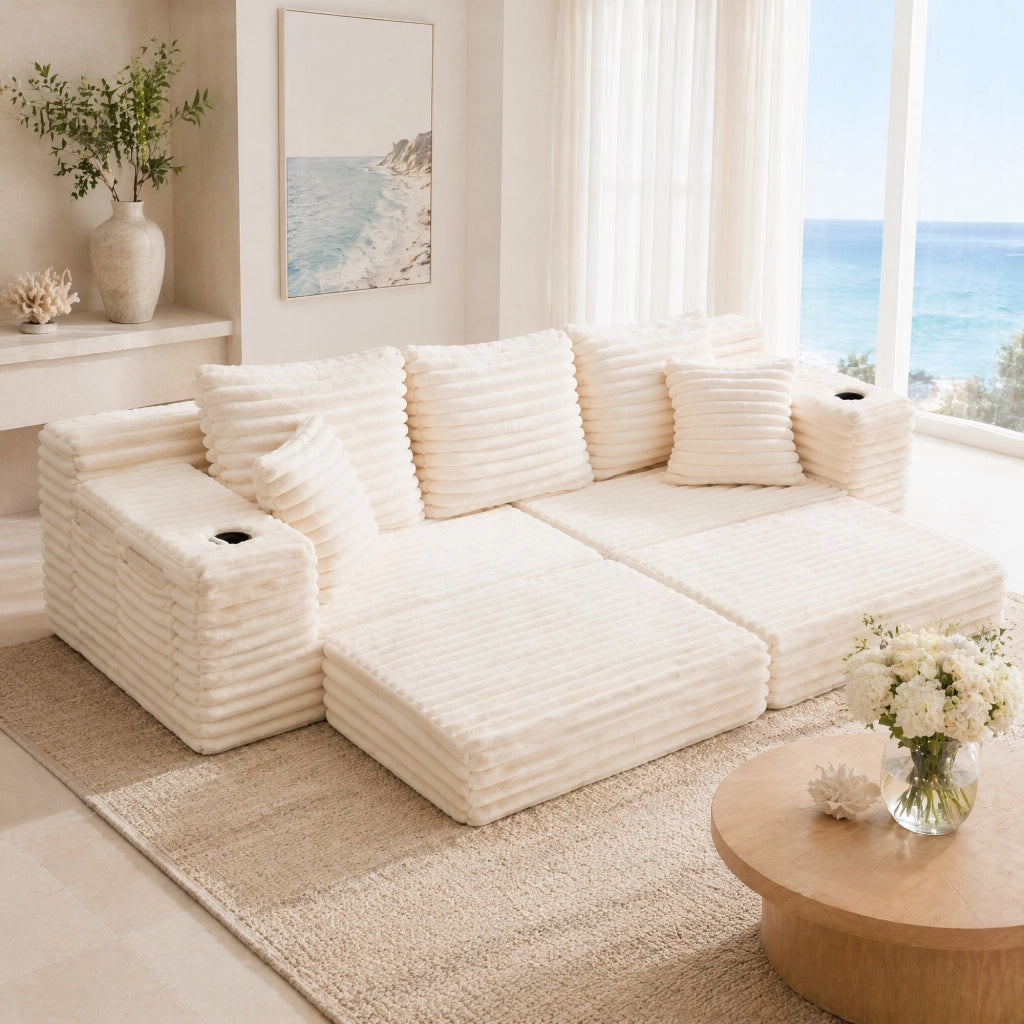 Divano componibile in tessuto corduroy beige 273x98x87 cm; con tasche laterali e portabicchieri