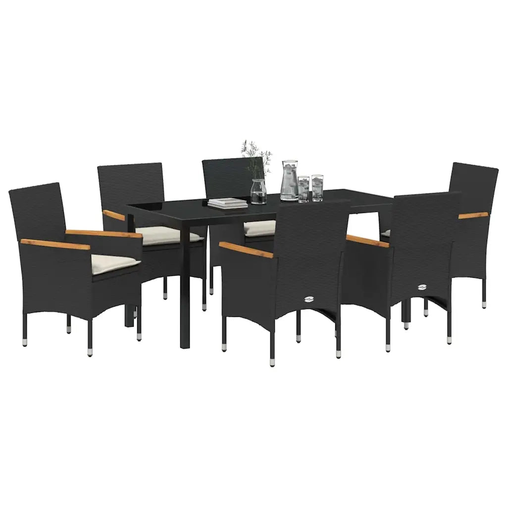 Set da Pranzo per Giardino con cuscino 7 pcs Nero polyrattan