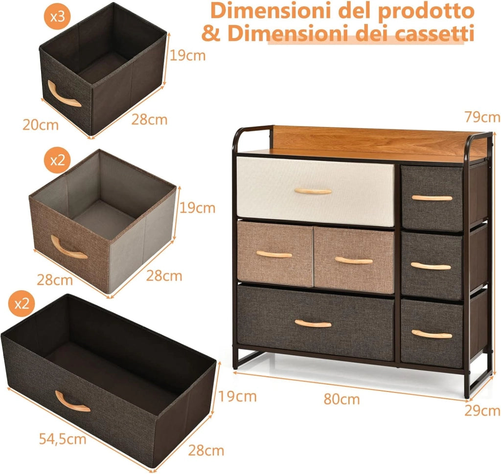 Cassettiera con 7 Cassetti, Organizer Moderno con Cassetti Pieghevoli in Tessuto, Struttura in Acciaio, Ideale per Camera da Letto, Soggiorno, Corridoio, 80 x 29 x 79 cm