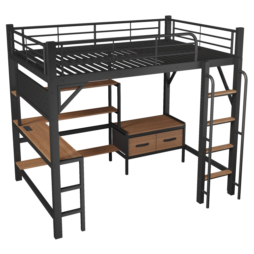 Letto a soppalco 140x200 cm con scrivania; ripiani; cassetti in tessuto; LED e USB; nero