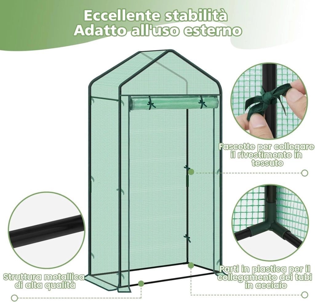 Serra da Giardino con Porte Avvolgibili, Serra da Balcone, Telo in Rete PE 140 g/m², per Piante Idrorepellente, 4 Picchetti, 100x50x190 cm, Verde