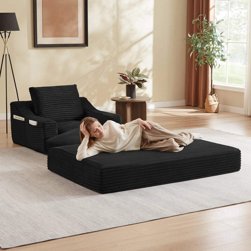 Poltrona lounge in velluto a coste con design a doppio strato trasformabile in letto, per salotto e camera, nero