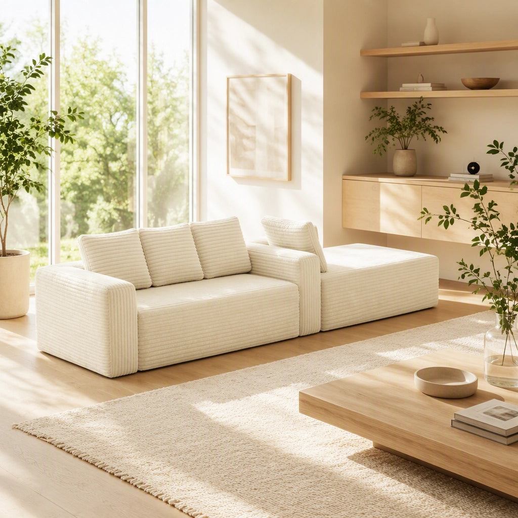 Divano modulare angolare con chaise reversibile in velluto a coste beige