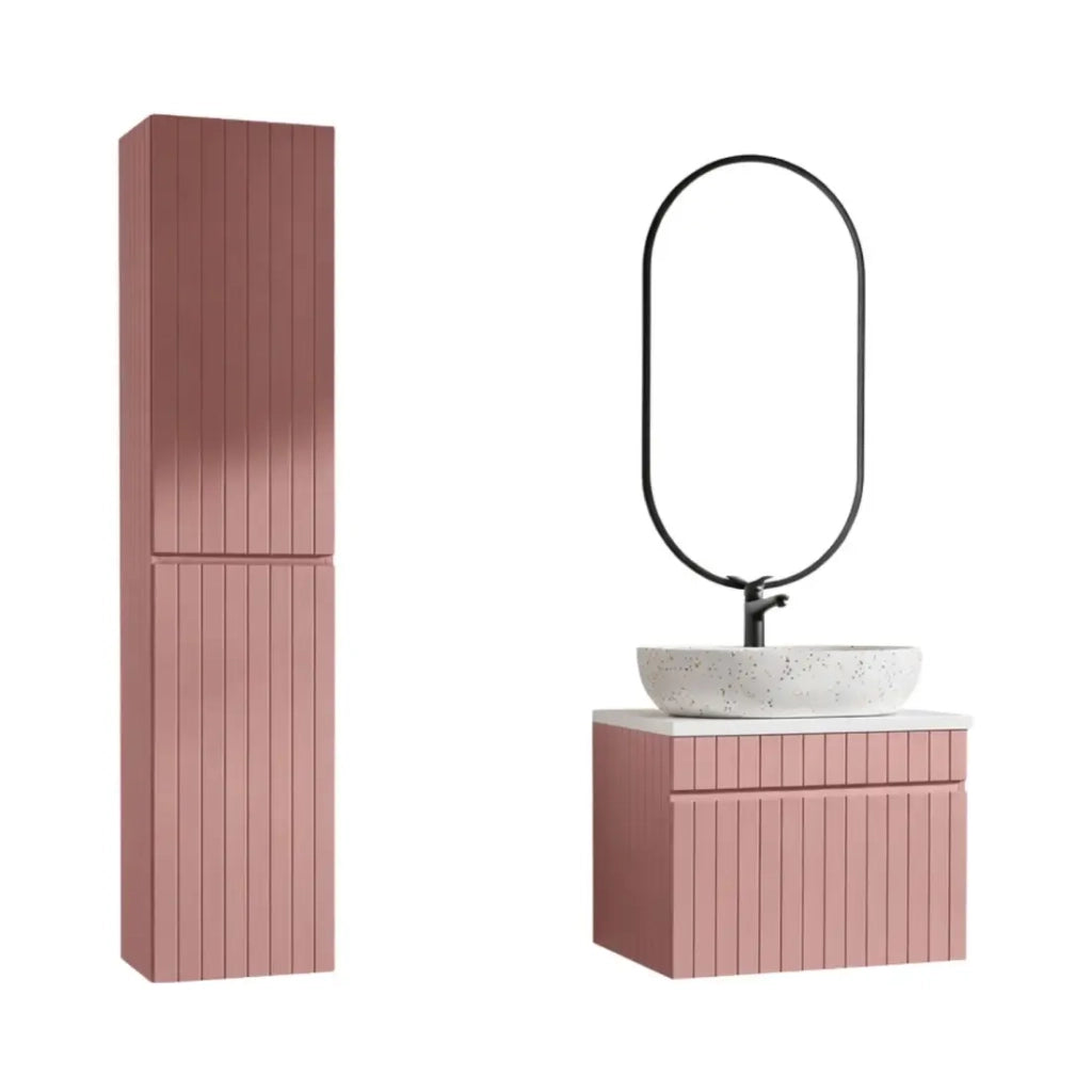 Set ICON: mobile sottolavabo 60cm + piano per lavabo + lavabo da appoggio + specchio ovale verticale LED + colonna