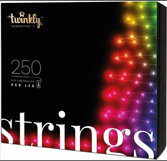 Twinkly strings – stringa di luci a led controllabile da app con 250 led rgb (16 milioni di colori). 20 metri. cavo nero. decorazione luminosa intelligente per interni ed esterni -  tws250stp