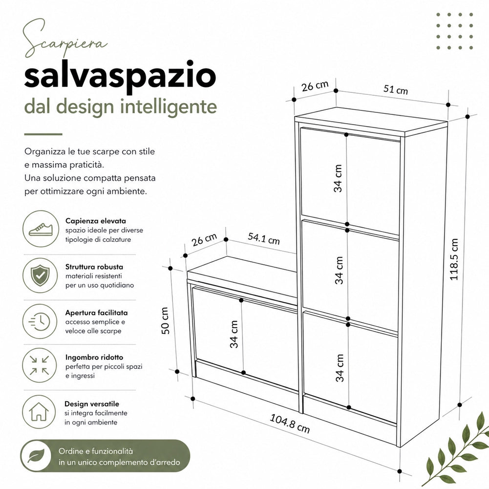 Scarpiera Salvaspazio 3 Ante Mobile Portascarpe 105x118,5 cm Multiuso Sabbia
