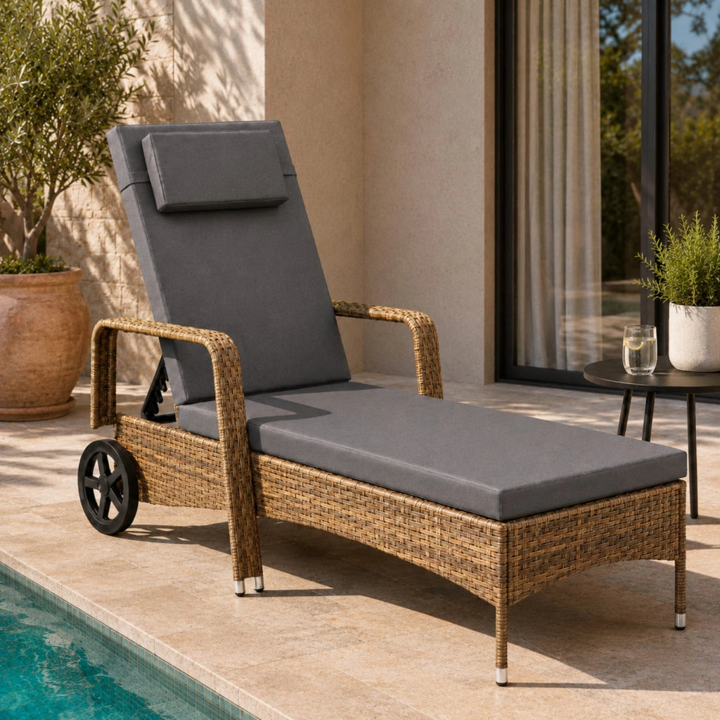 Lettino Prendisole Da Esterno Con Struttura Resistente Schienale Multiposizione Poggiatesta Comfort E Ruote Per Piscina E Terrazzo 196 x 72 x 94.5 Cm Marrone Chiaro