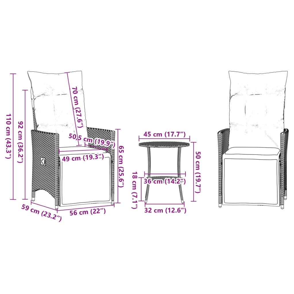 Set BistrÃ² 3 pz con Cuscini Marrone in Polyrattan