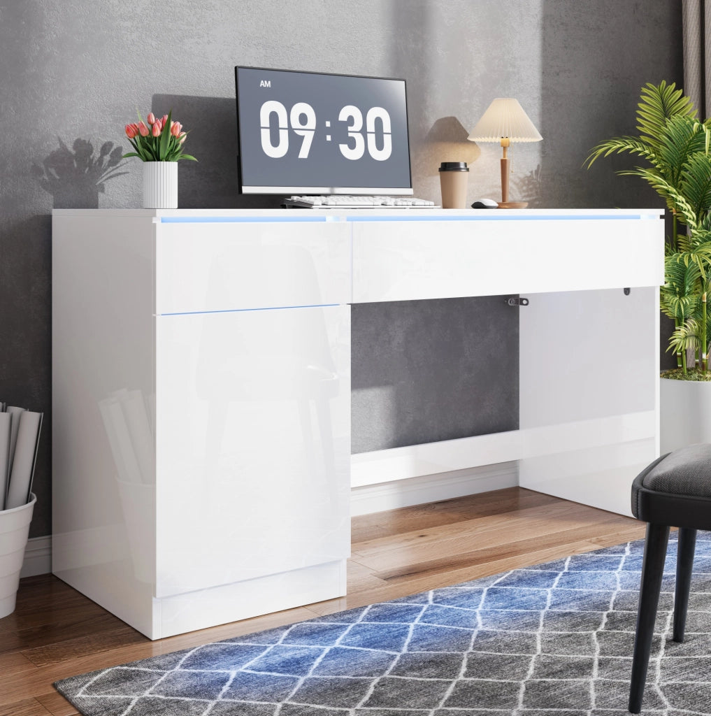 Scrivania moderna lucida con LED 120 x 50 cm; 2 cassetti e anta; bianco