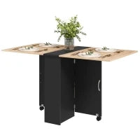 Tavolo Pieghevole Consolle per 4-6 persone con Ruote e Ripiani, 140x75x74cm, Rovere e Nero