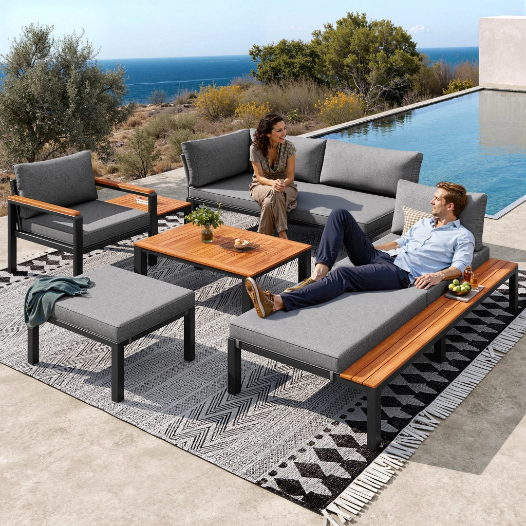 Set Divano da Giardino Modulare ¨C MINIMAL ¨C Polyrattan Grigio con Cuscini e Tavolino in Legno