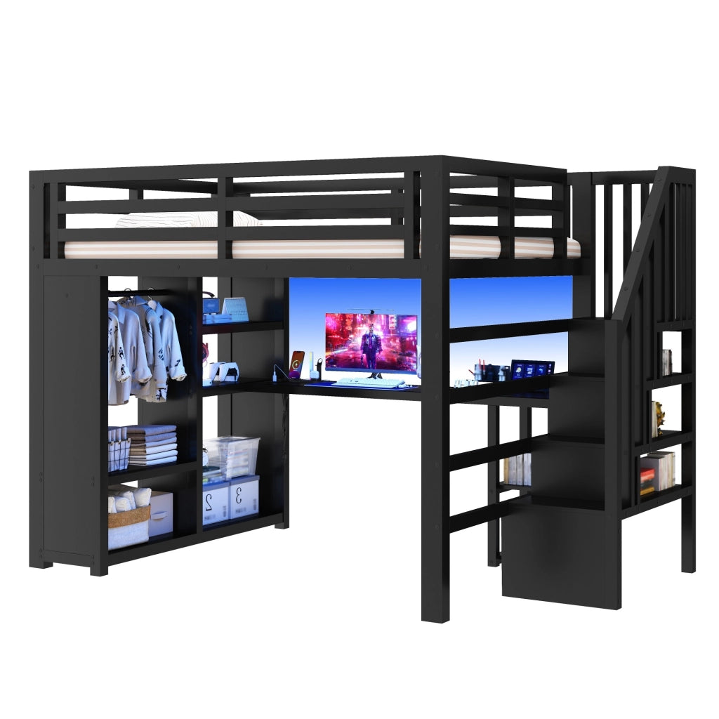 Letto a soppalco gaming 140x200 cm con scrivania; guardaroba aperto; scala contenitore; LED e USB; metallo nero