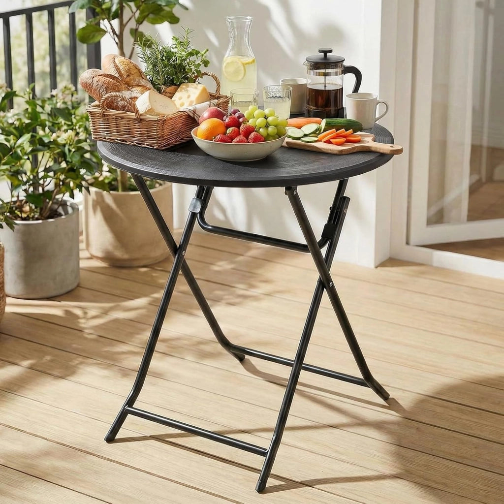 Tavolo Rotondo da Giardino φ60 x 72 cm, Tavolo Pieghevole Portatile, Tavolo da Campeggio in HDPE, Piano Effetto Legno, con Telaio in Acciaio, Carico Massimo 50 kg, per Giardino, Terrazza e Balcone