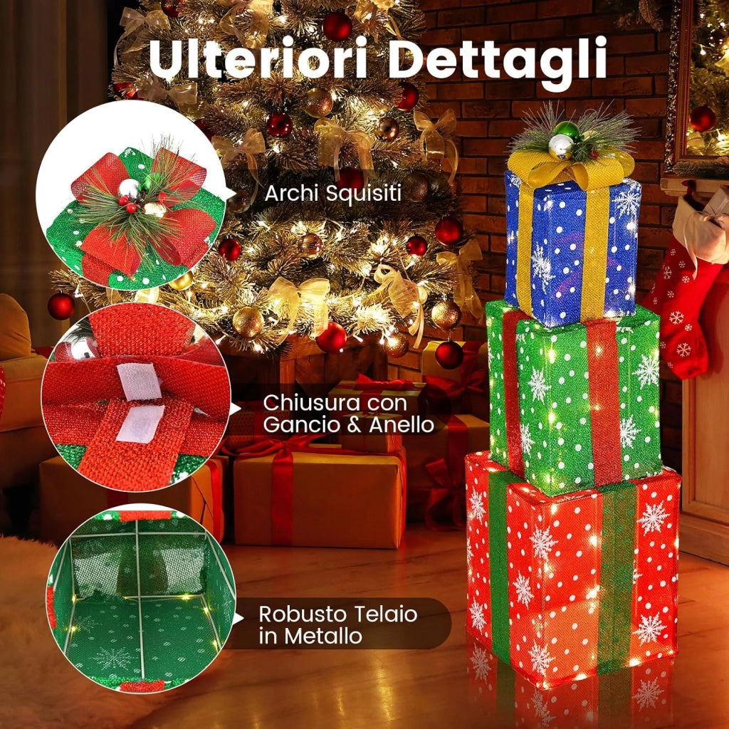 Decorazioni Scatola Regalo di Natale, Set di Scatole Regalo Illuminate, Decorazione Natalizia per Interni ed Esterni con 52 Luci LED per Esterno (Rosso+Verde+Blu)