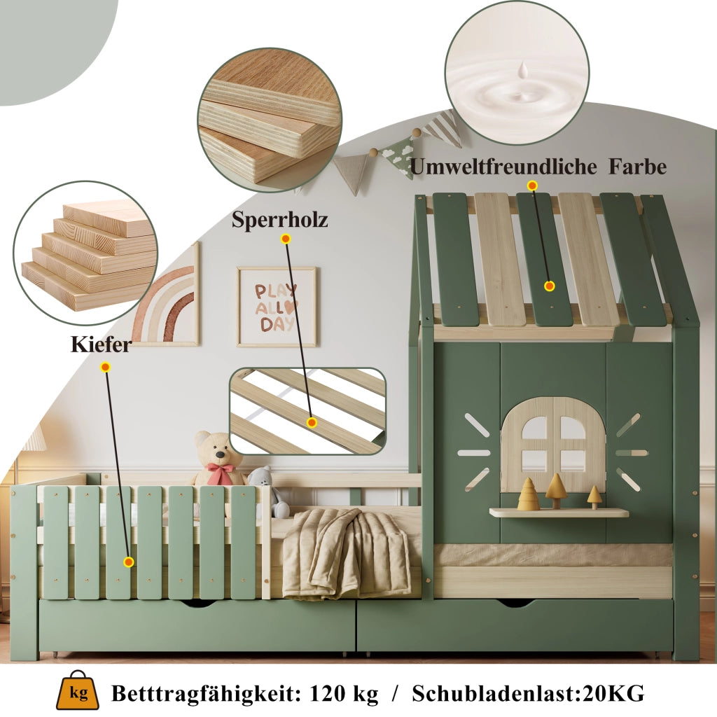 Letto Casetta 90x200 cm - con 2 Cassetti e Sponde - in Legno e MDF - Verde