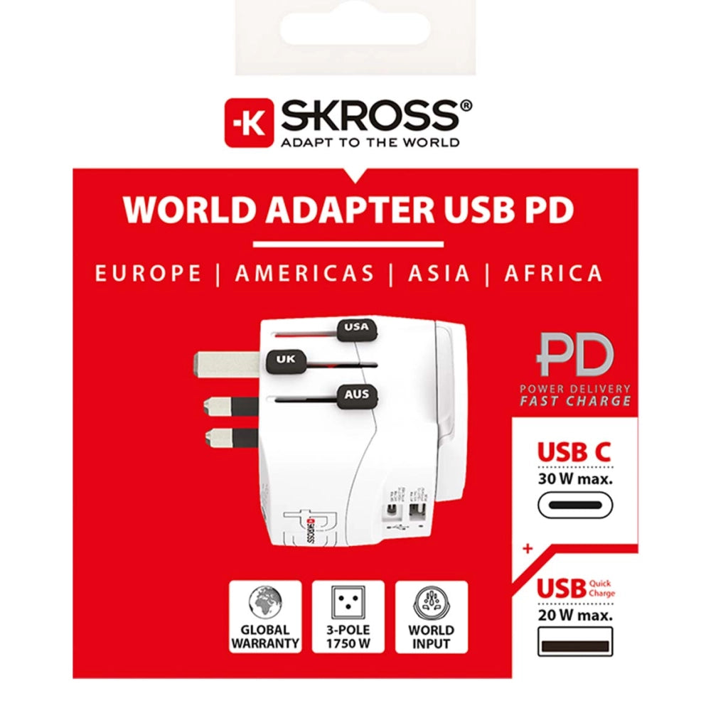 Adattatore da viaggio universale USB-A e USB-C Power Delivery 50W PRO Mondo leggero Bianco Skross