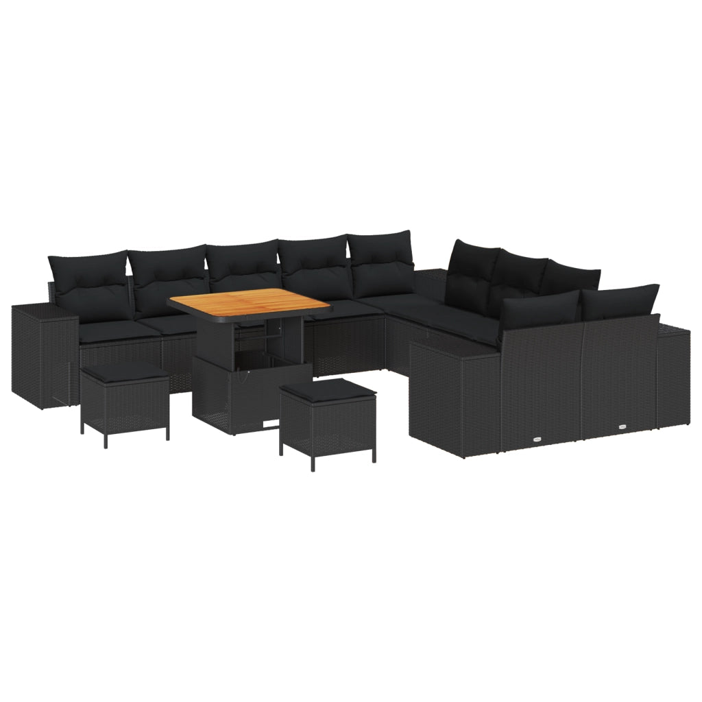 Set di divani da giardino da 13 pezzi con cuscini Nero Polyrattan Acacia